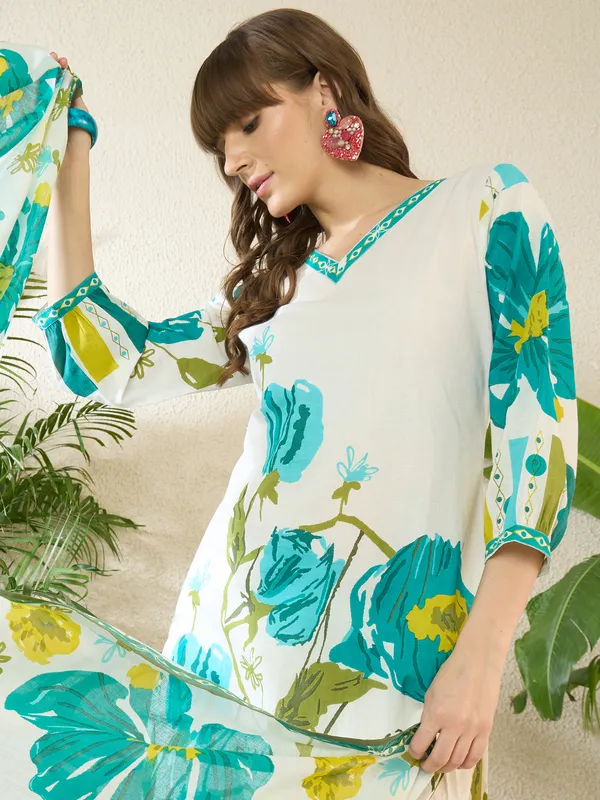 White_Printed_Pure_Cotton_Kurta_Trouser_Dupatta_Set