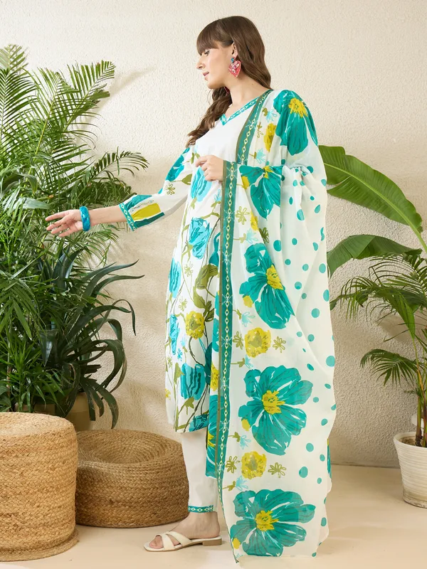 White_Printed_Pure_Cotton_Kurta_Trouser_Dupatta_Set