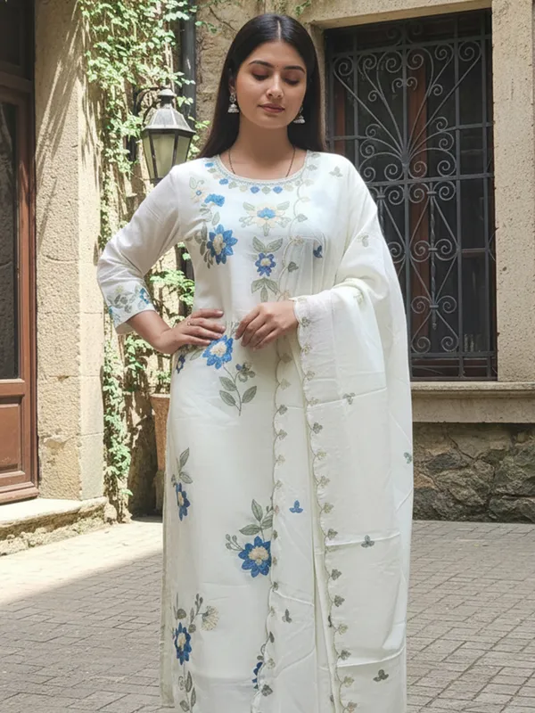 White_Embroidered_Pure_Cotton_Kurta_Trouser_Dupatta_Set
