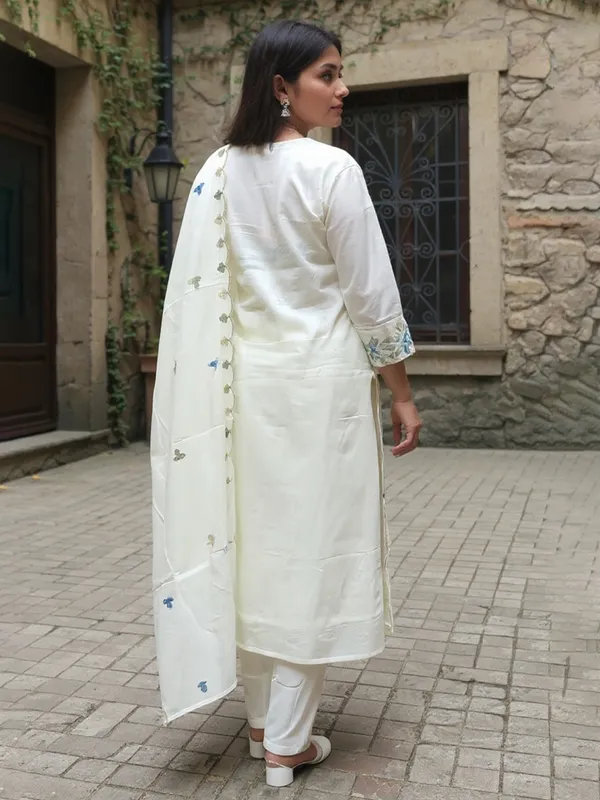 White_Embroidered_Pure_Cotton_Kurta_Trouser_Dupatta_Set