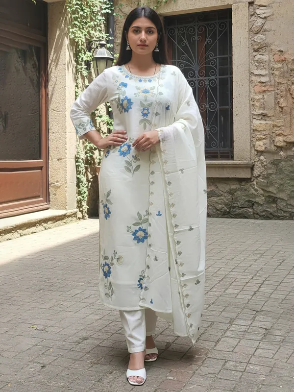 White_Embroidered_Pure_Cotton_Kurta_Trouser_Dupatta_Set