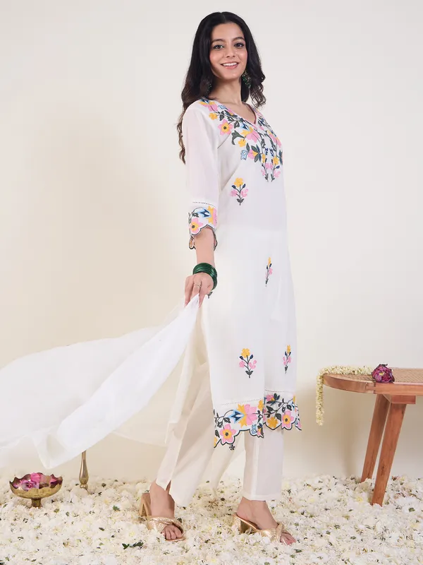 White_Embroidered_Pure_Cotton_Kurta_Trouser_Dupatta_Set