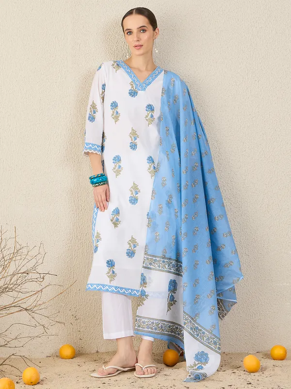 White_Pure_Cotton_Printed_Kurta_Trouser_Dupatta_Set