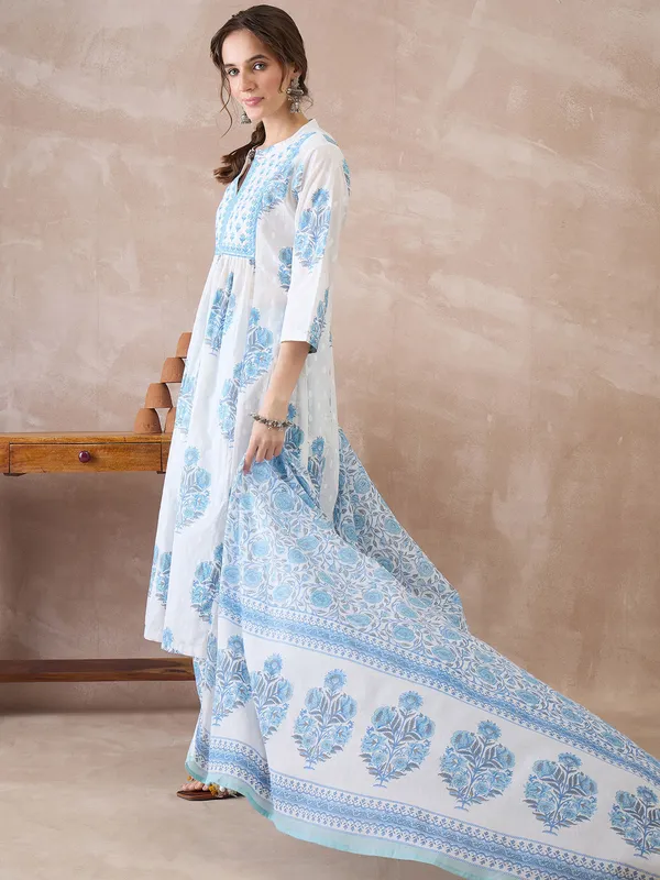 White_Printed_Pure_Cotton_Kurta_Trouser_Dupatta_Set