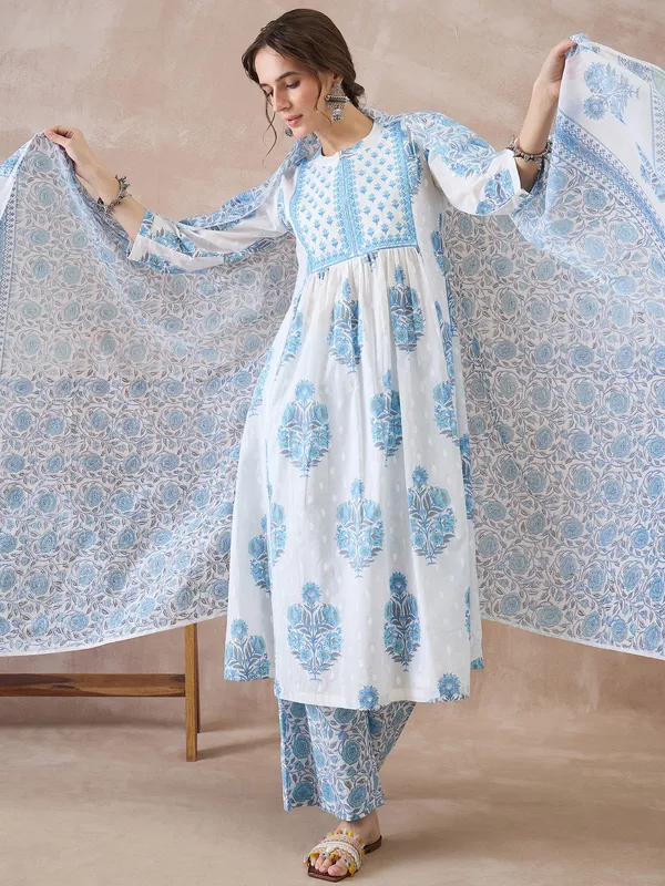 White_Printed_Pure_Cotton_Kurta_Trouser_Dupatta_Set