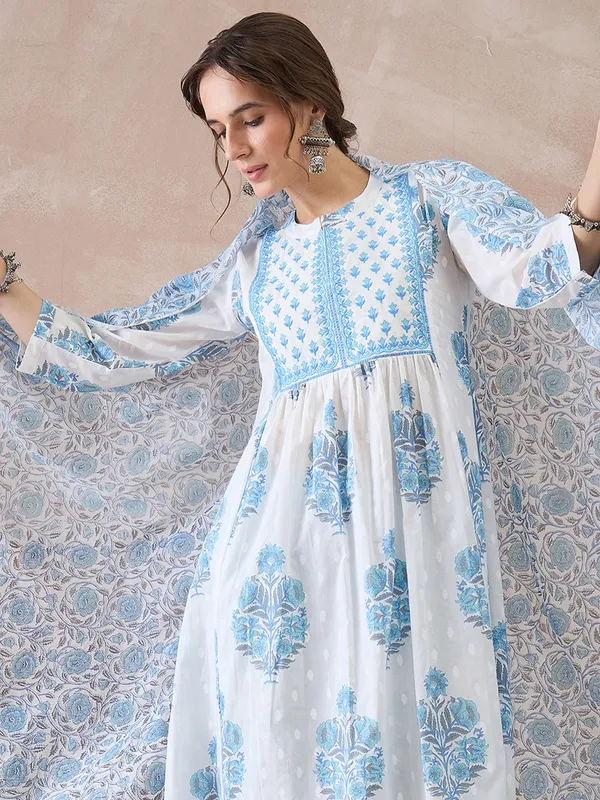 White_Printed_Pure_Cotton_Kurta_Trouser_Dupatta_Set