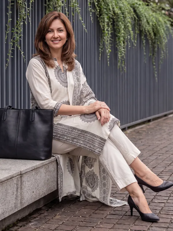 White_Printed_Pure_Cotton_Kurta_Trouser_Dupatta_Set