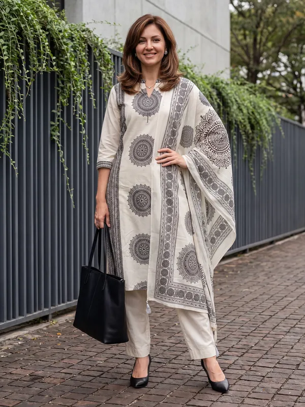 White_Printed_Pure_Cotton_Kurta_Trouser_Dupatta_Set