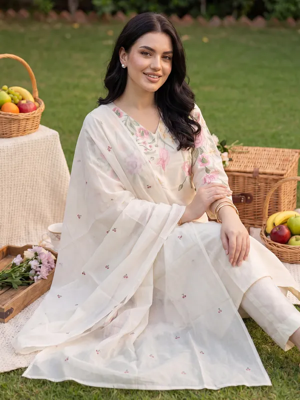 White_Embroidered_Pure_Cotton_Kurta_Trouser_Dupatta_Set