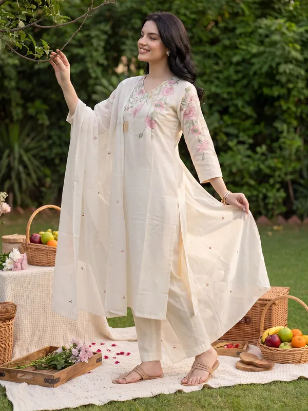 White_Embroidered_Pure_Cotton_Kurta_Trouser_Dupatta_Set