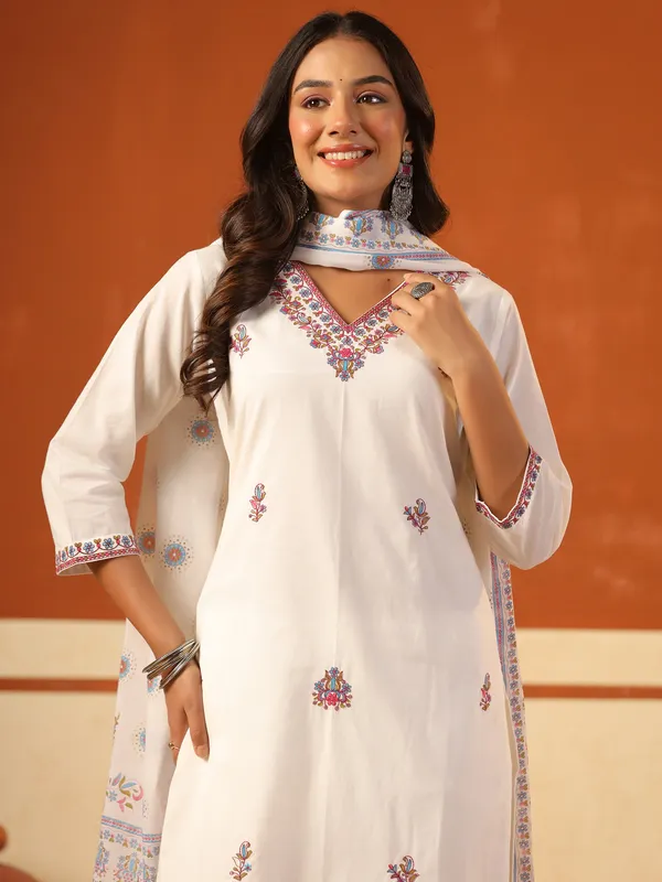 White_Embroidered_Pure_Cotton_Kurta_Trouser_Dupatta_Set