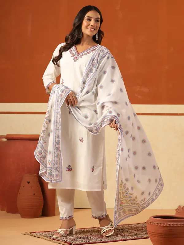 White_Embroidered_Pure_Cotton_Kurta_Trouser_Dupatta_Set