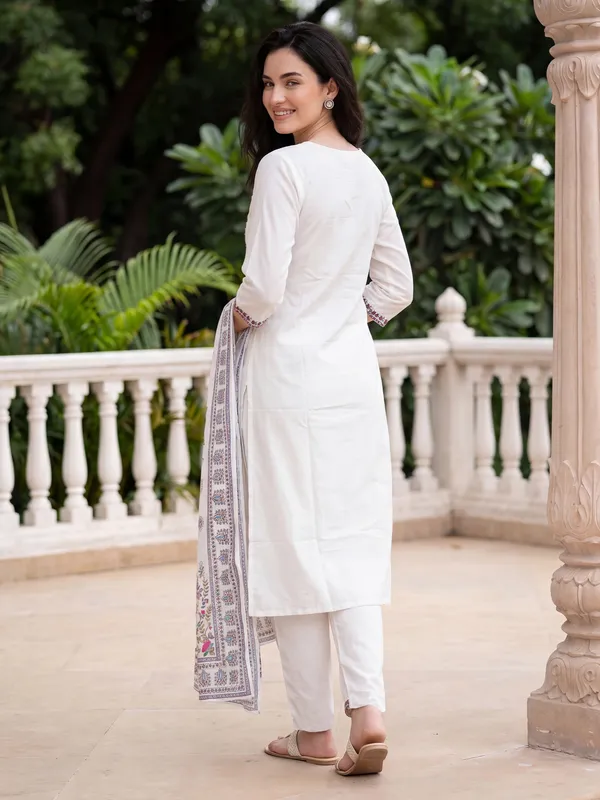 White_Embroidered_Pure_Cotton_Kurta_Trouser_Dupatta_Set