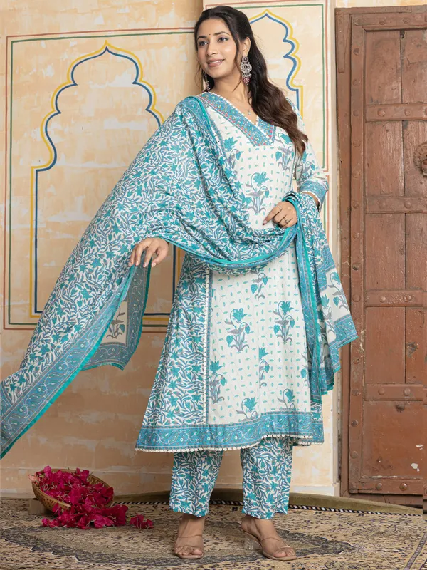 White_Printed_Pure_Cotton_Kurta_Trouser_Dupatta_Set