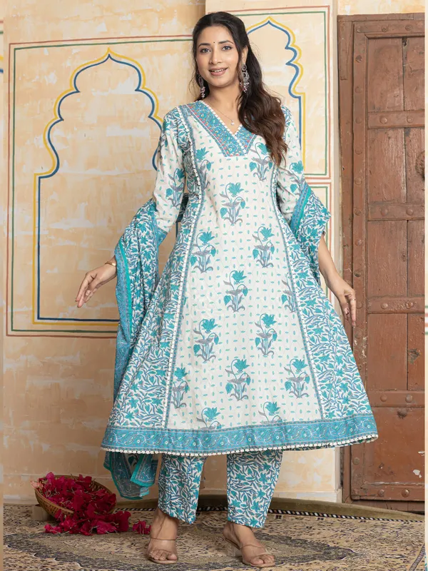 White_Printed_Pure_Cotton_Kurta_Trouser_Dupatta_Set