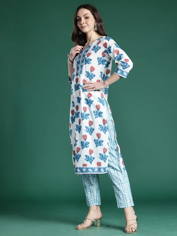 White_Pure_Cotton_Printed_Kurta_Trouser_Dupatta_Set