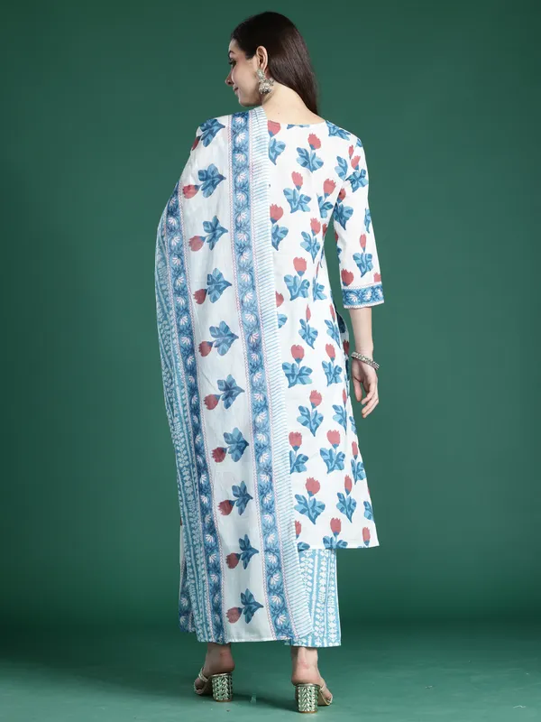 White_Pure_Cotton_Printed_Kurta_Trouser_Dupatta_Set