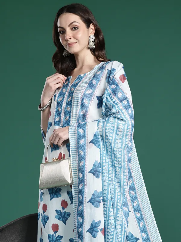 White_Pure_Cotton_Printed_Kurta_Trouser_Dupatta_Set