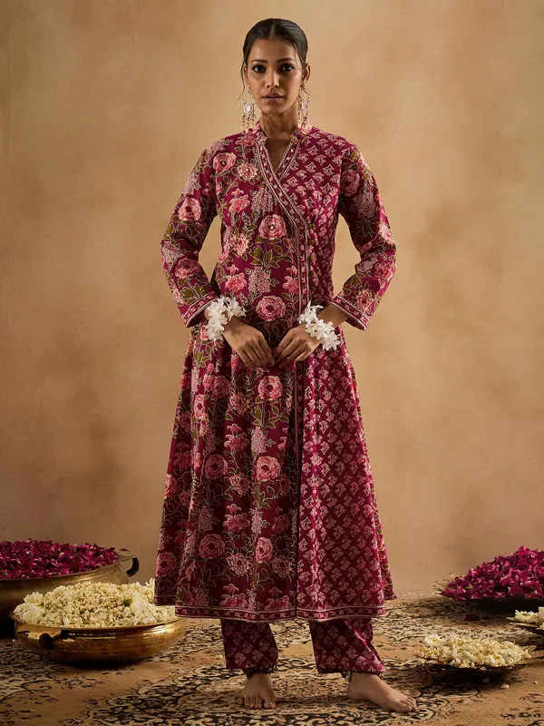 Burgundy_Printed_Pure_Cotton_Kurta_Trouser_Dupatta_Set