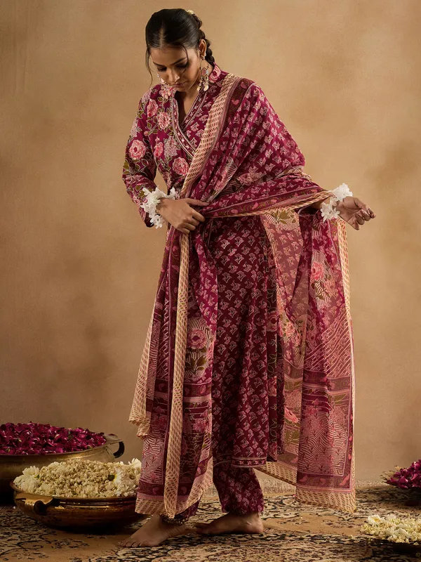Burgundy_Printed_Pure_Cotton_Kurta_Trouser_Dupatta_Set