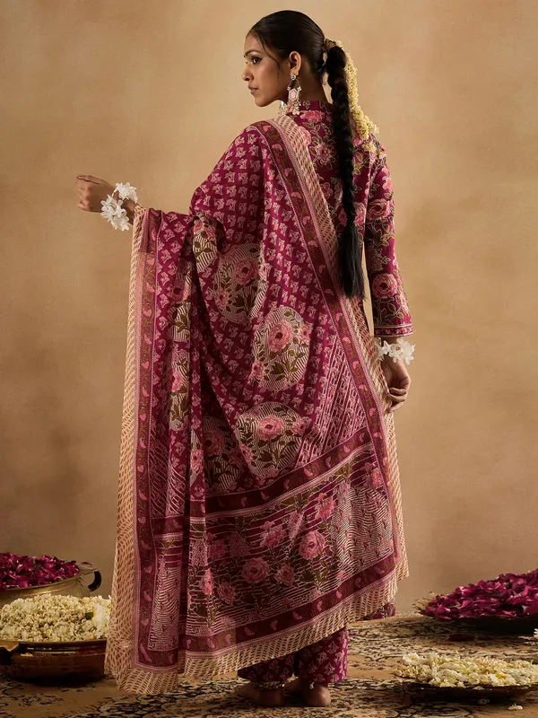 Burgundy_Printed_Pure_Cotton_Kurta_Trouser_Dupatta_Set