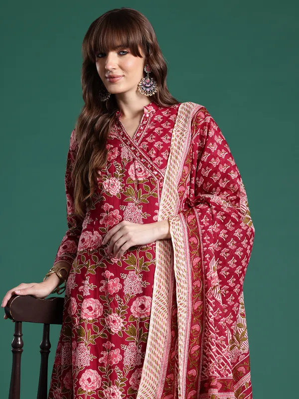 Burgundy_Printed_Pure_Cotton_Kurta_Trouser_Dupatta_Set