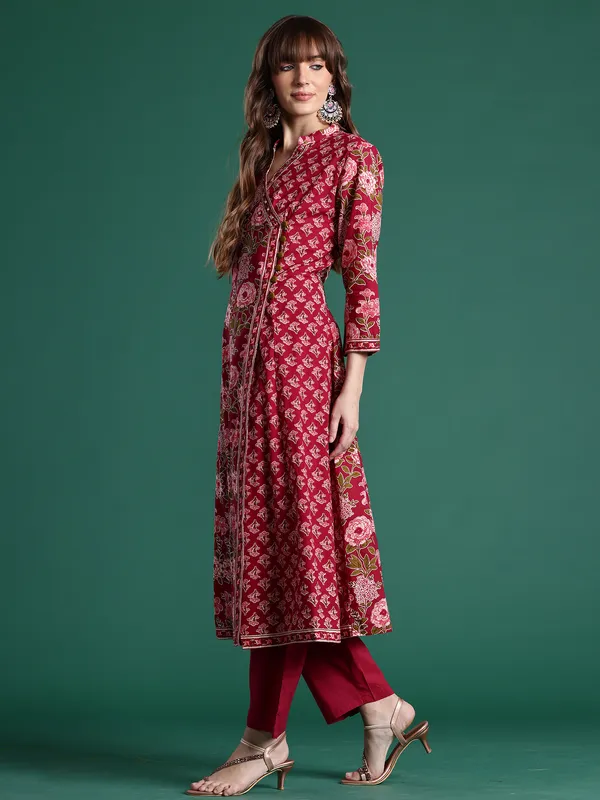 Burgundy_Printed_Pure_Cotton_Kurta_Trouser_Dupatta_Set