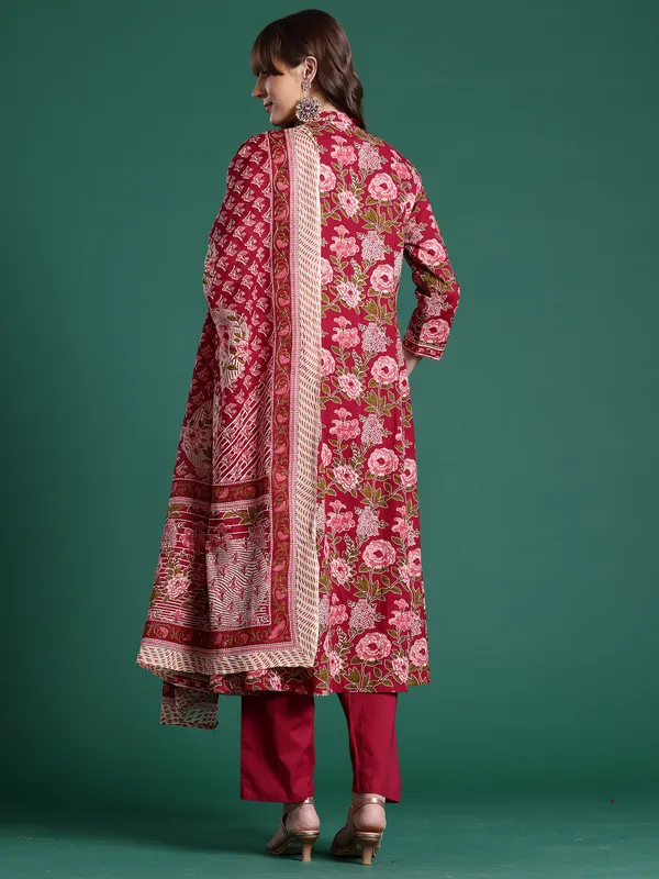 Burgundy_Printed_Pure_Cotton_Kurta_Trouser_Dupatta_Set