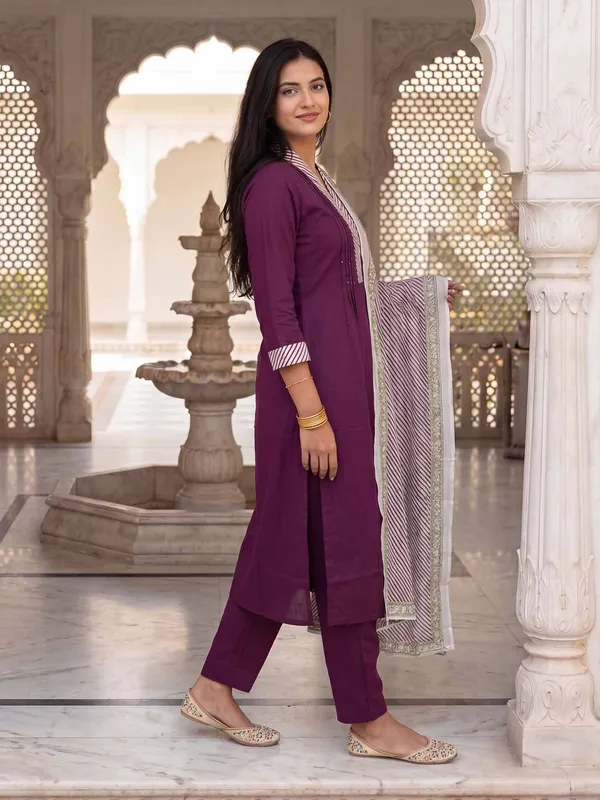 Burgundy_Self_Design_Pure_Cotton_Kurta_Trouser_Dupatta_Set