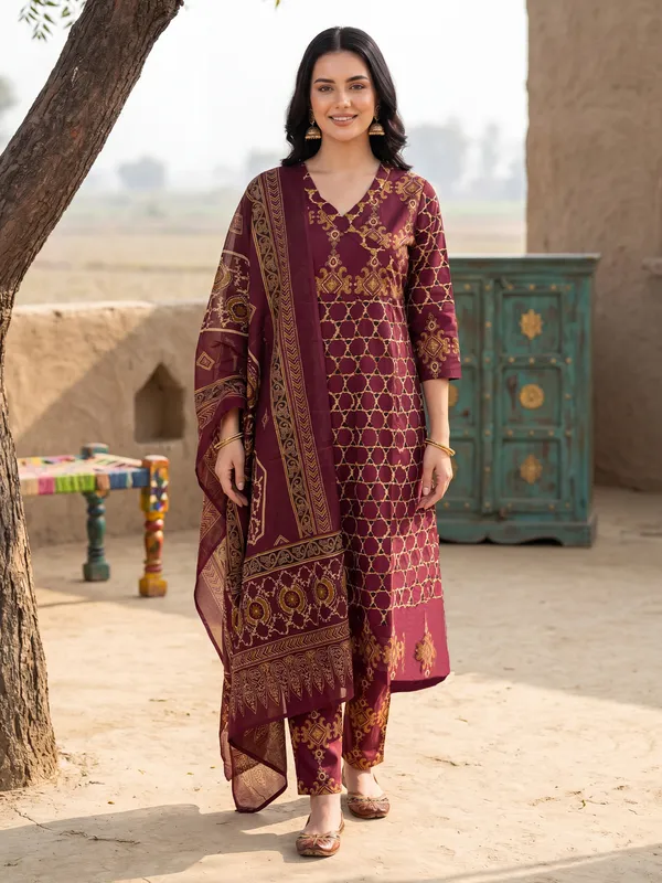 Burgundy_Printed_Pure_Cotton_Kurta_Trouser_Dupatta_Set