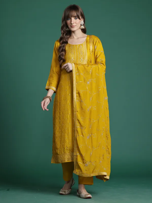 Yellow_Embroidered_Silk_Kurta_Trouser_Dupatta_Set