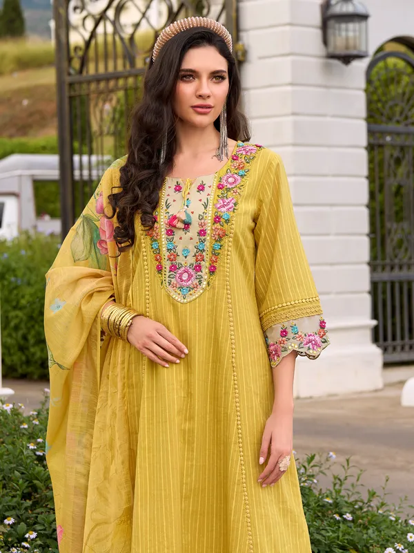 Yellow_Embroidered_Pure_Cotton_Kurta_Trouser_Dupatta_Set