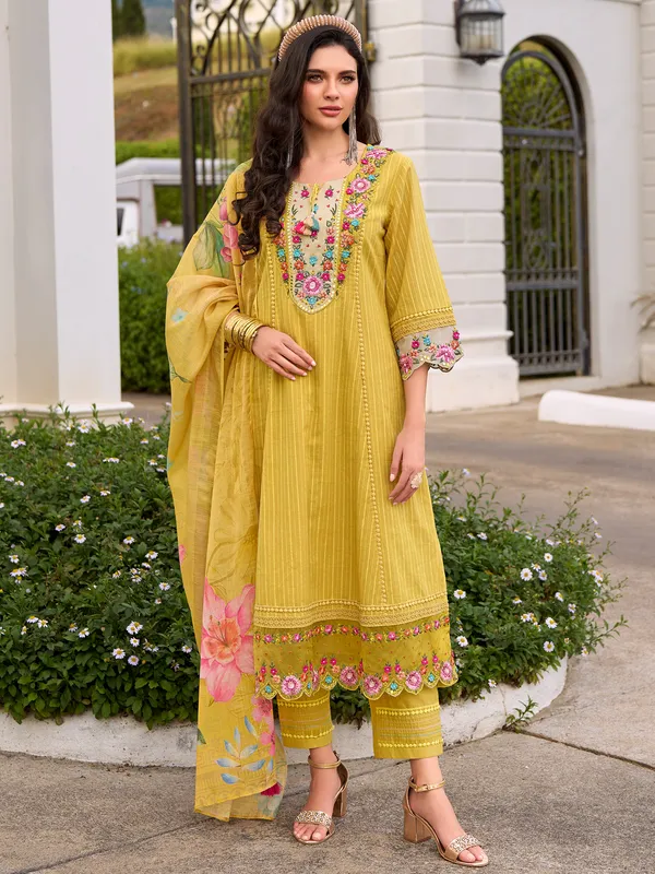 Yellow_Embroidered_Pure_Cotton_Kurta_Trouser_Dupatta_Set