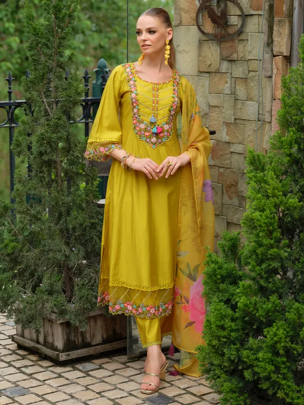Yellow_Embroidered_Liva_Kurta_Trouser_Dupatta_Set
