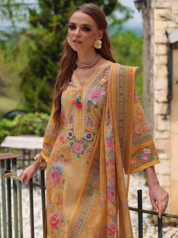 Yellow_Embroidered_Linen_Kurta_Trouser_Dupatta_Set