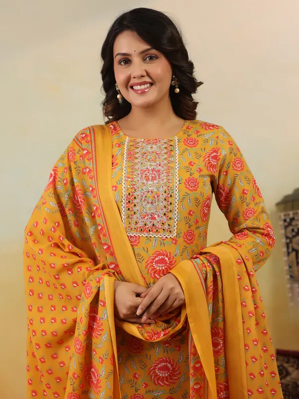 Yellow_Embroidered_Cotton_Blend_Kurta_Trouser_Dupatta_Set