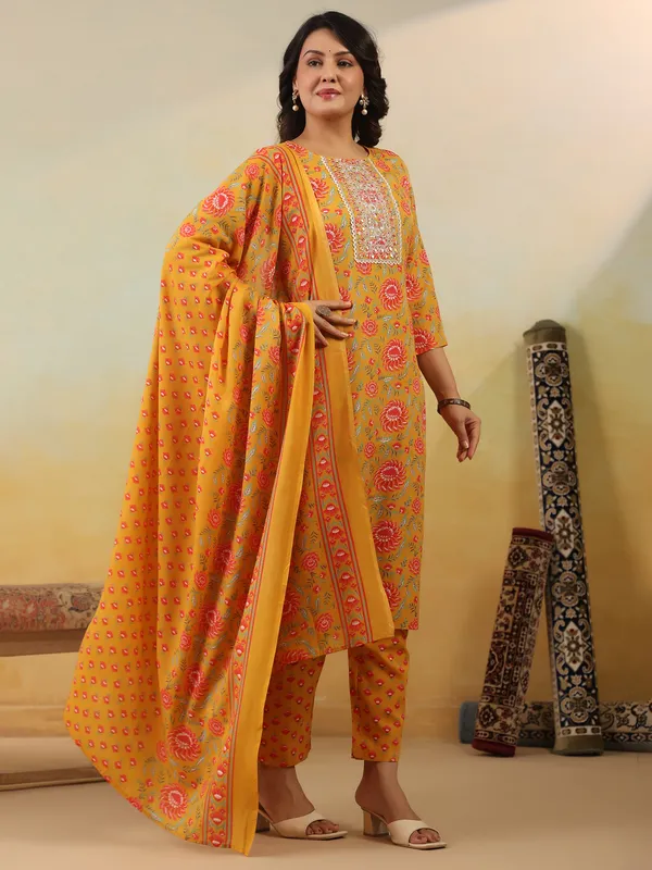 Yellow_Embroidered_Cotton_Blend_Kurta_Trouser_Dupatta_Set