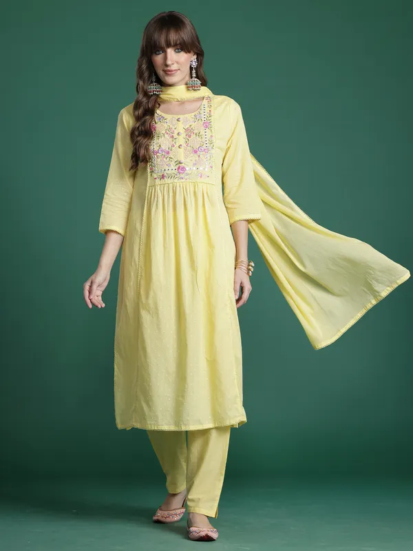 Yellow_Embroidered_Pure_Cotton_Kurta_Trouser_Dupatta_Set