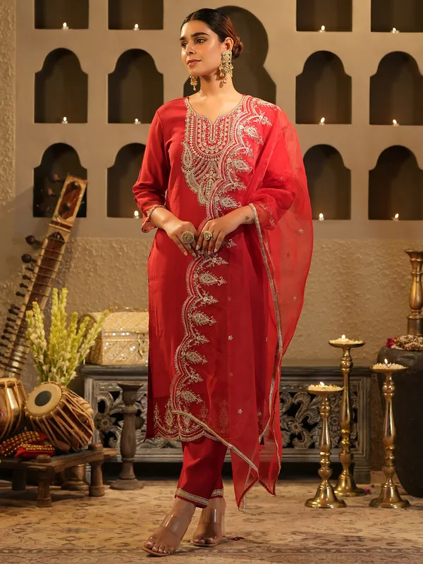 Red_Embroidered_Liva_Kurta_Trouser_Dupatta_Set