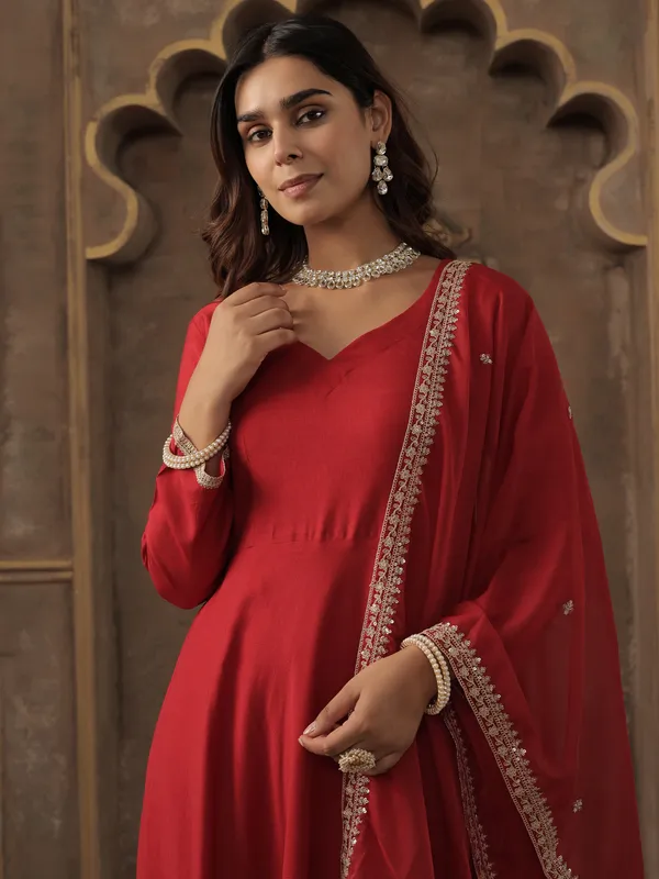 Red_Solid_A-Line_Kurta_Trousers_With_Dupatta_set