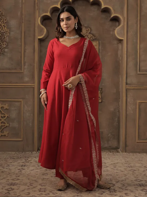 Red_Solid_A-Line_Kurta_Trousers_With_Dupatta_set