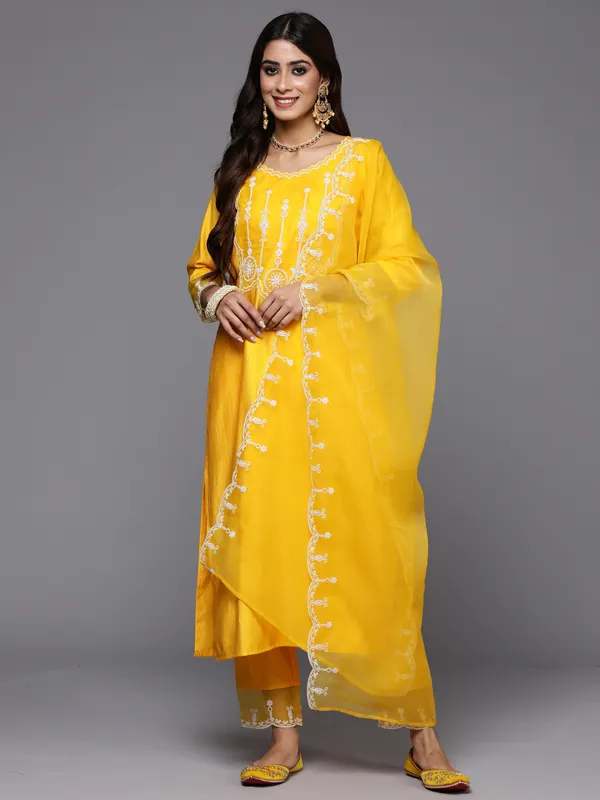 Yellow_Embroidered_Liva_Kurta_Trouser_Dupatta_Set