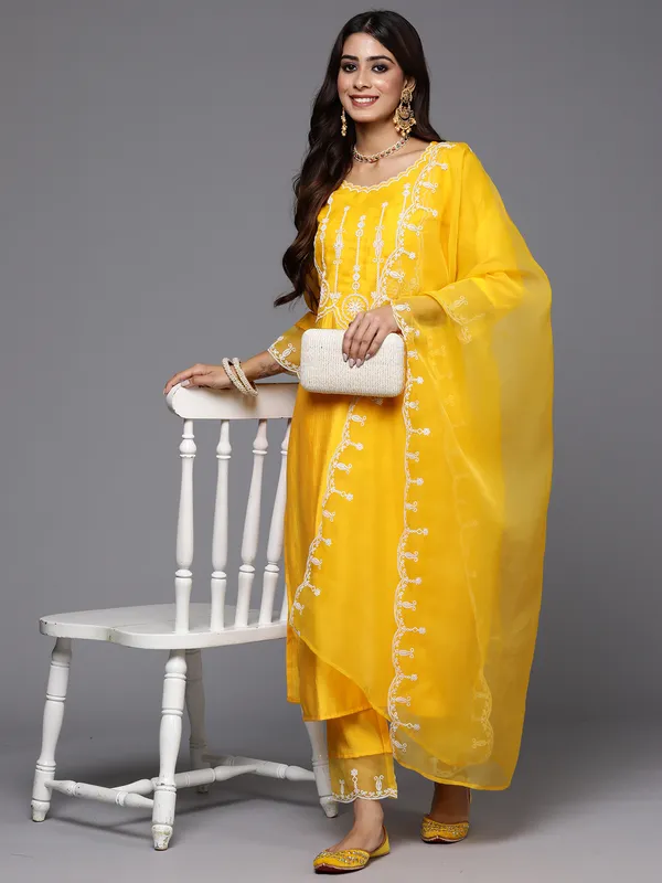 Yellow_Embroidered_Liva_Kurta_Trouser_Dupatta_Set