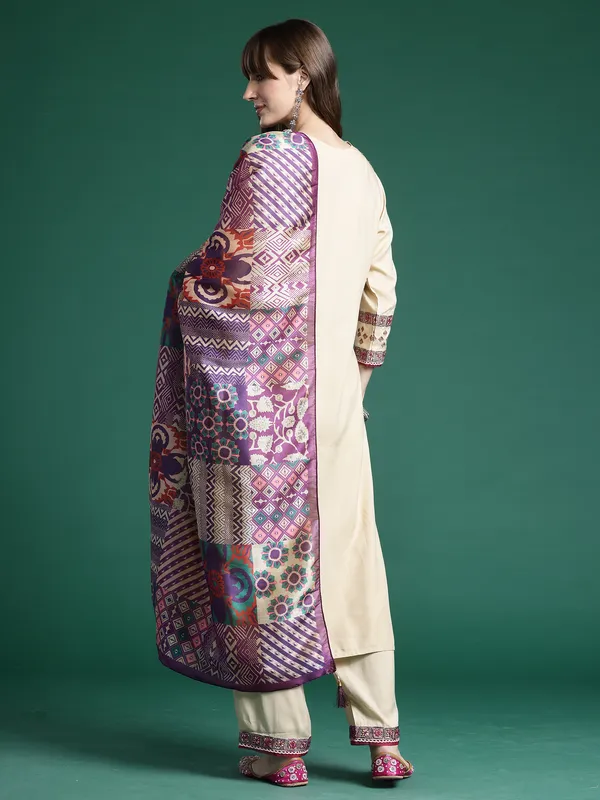 Beige_Embroidered_Viscose_Rayon_Kurta_Trouser_Dupatta_Set
