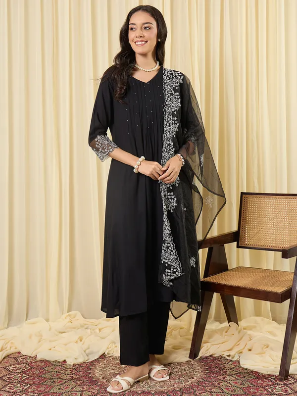 Black_Embroidered_A-Line_Kurta_Trousers_With_Dupatta_Set