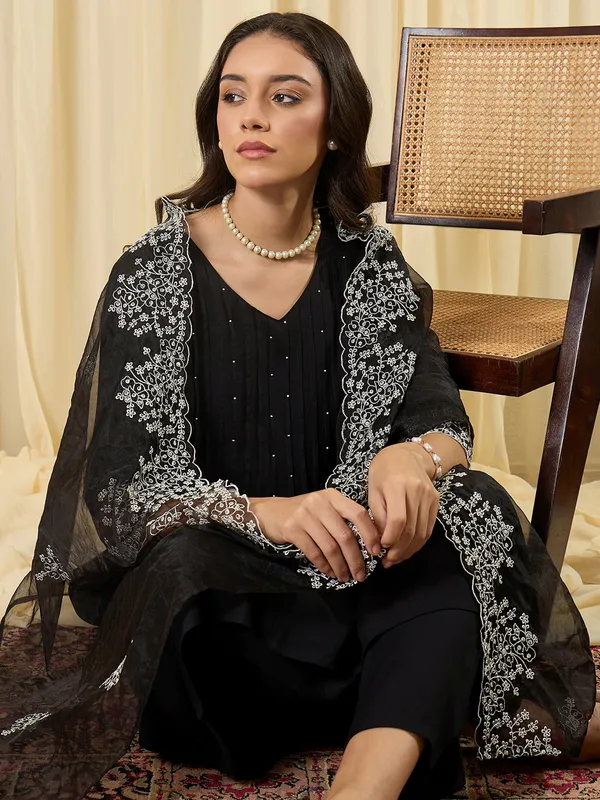 Black_Embroidered_A-Line_Kurta_Trousers_With_Dupatta_Set
