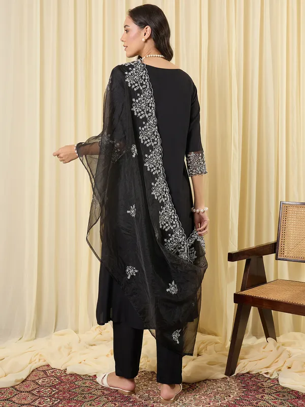 Black_Embroidered_A-Line_Kurta_Trousers_With_Dupatta_Set