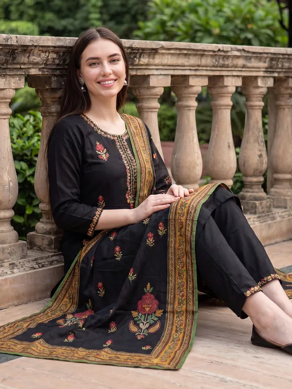 Black_Embroidered_Straight_Kurta_Trousers_With_Dupatta_Set