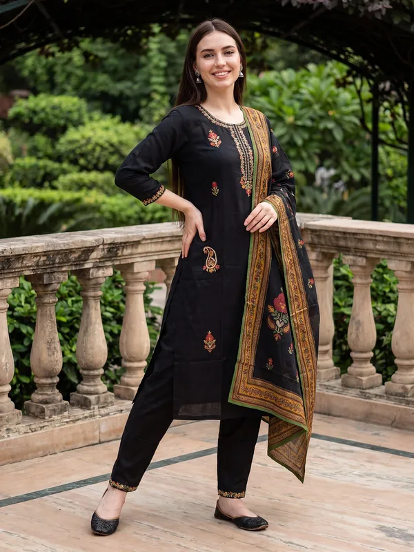 Black_Embroidered_Straight_Kurta_Trousers_With_Dupatta_Set