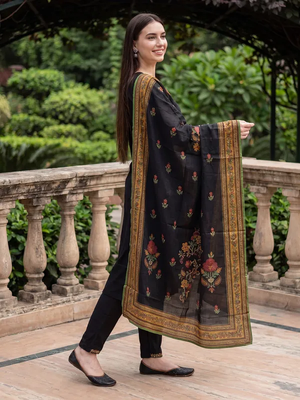 Black_Embroidered_Straight_Kurta_Trousers_With_Dupatta_Set